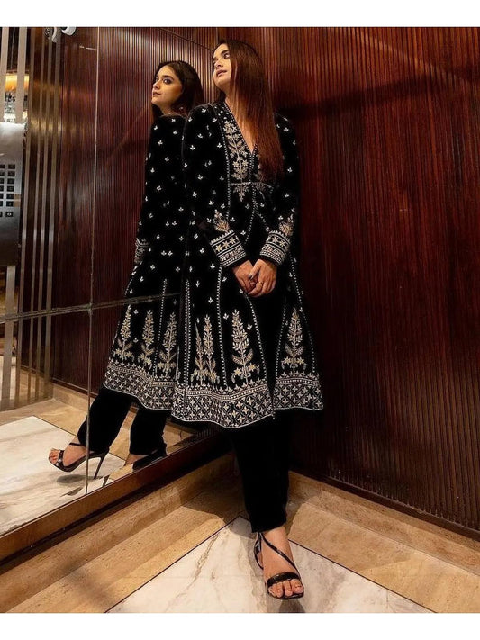 Keerthi Suresh Black Velvet Suit, Festive Velvet Gown - 24th Spoke